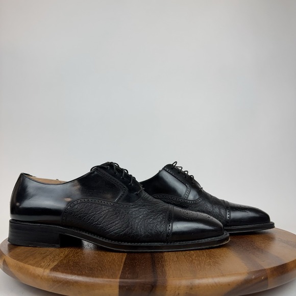 Mens Magnanni Black Leather Cap Toe Eyelet Dress Shoes Brogue Oxfords Size 10 M - Picture 1 of 8